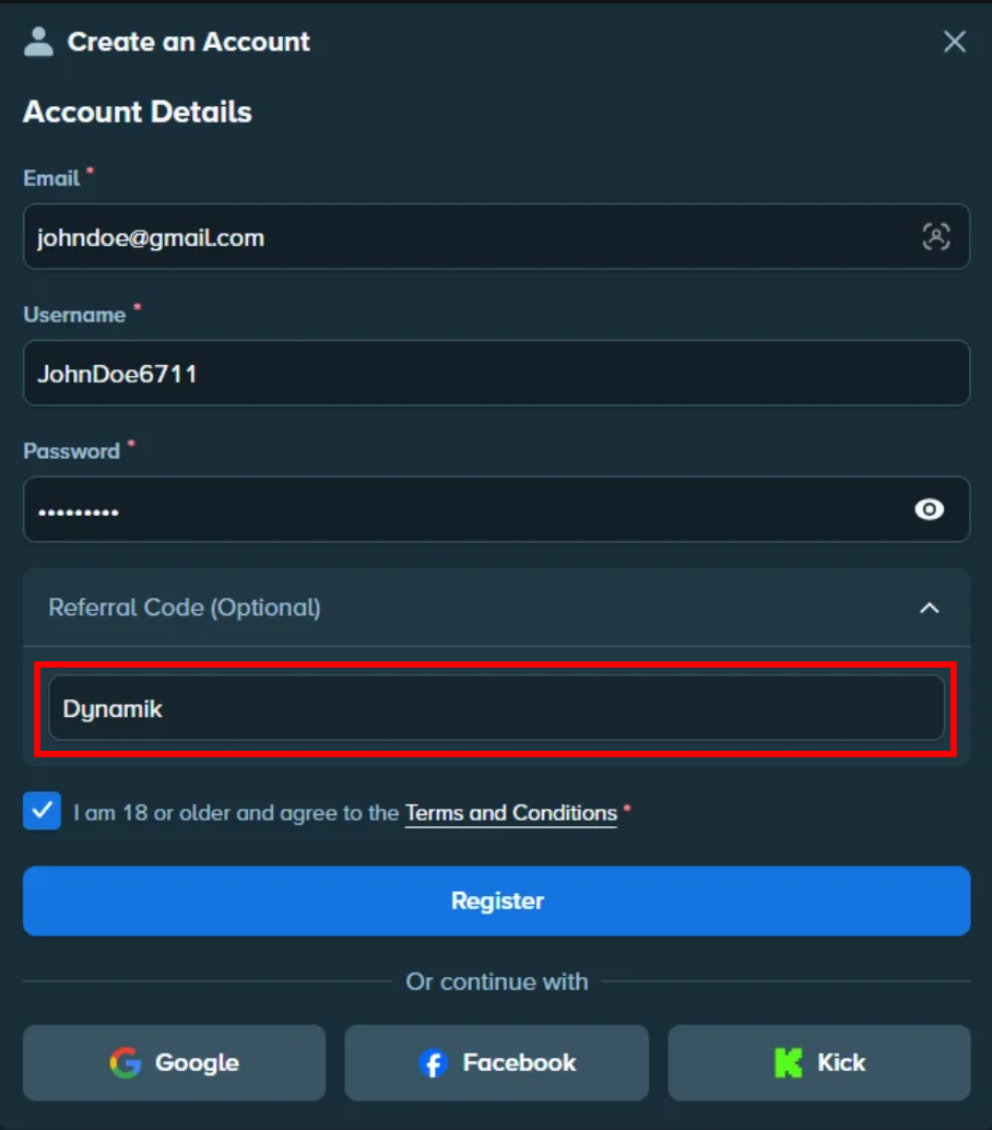 Stake register form with the referral code field filled in with Dynamik